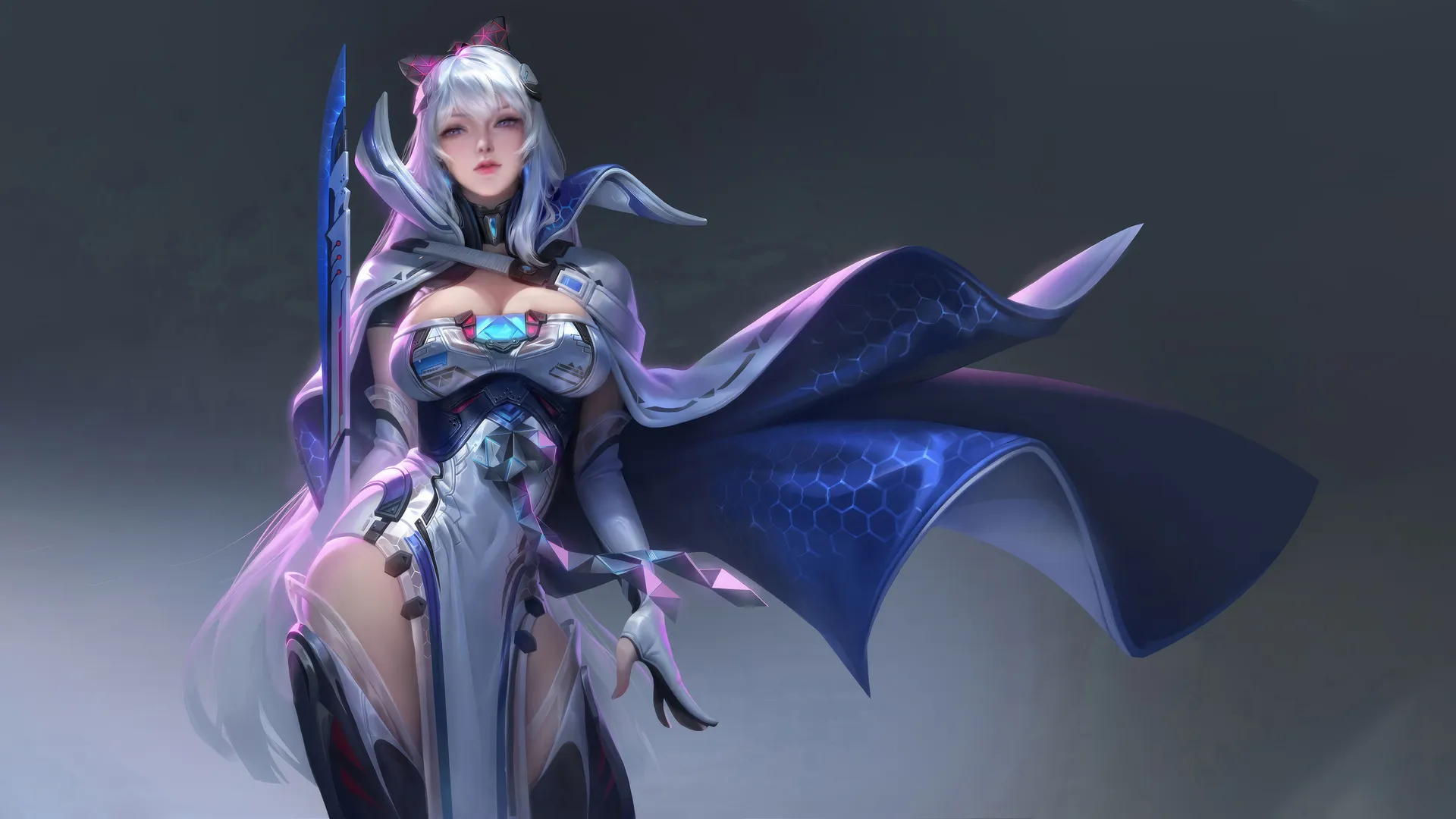 女性 科幻 小说 长剑 披风 盔甲 白色头发 4K壁纸