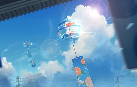 风景 插图 风铃 云朵 小鱼 夏天 4K壁纸