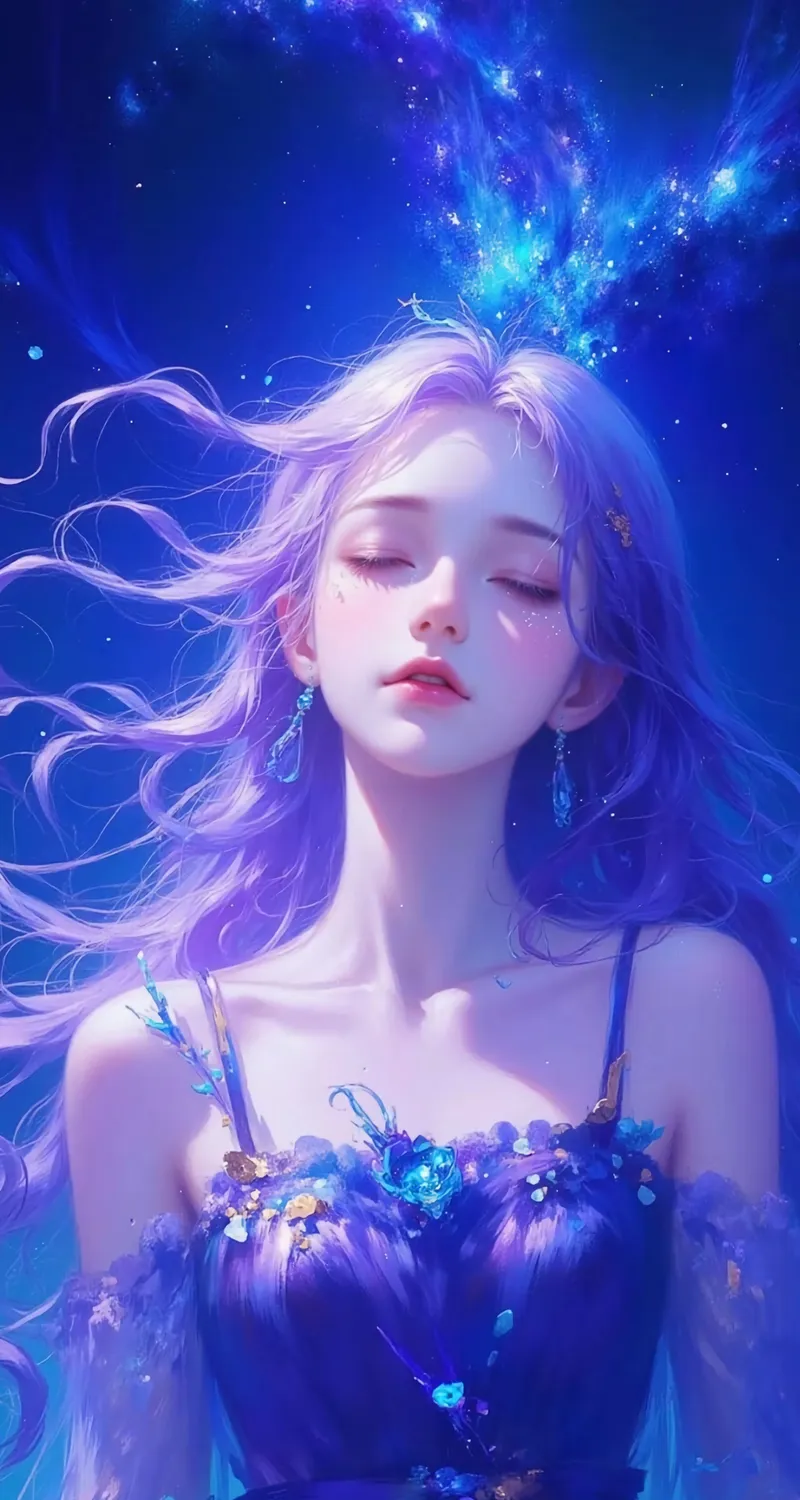 蓝色 梦幻 唯美 星空 美少女 动漫 4k 手机壁纸 1080P壁纸