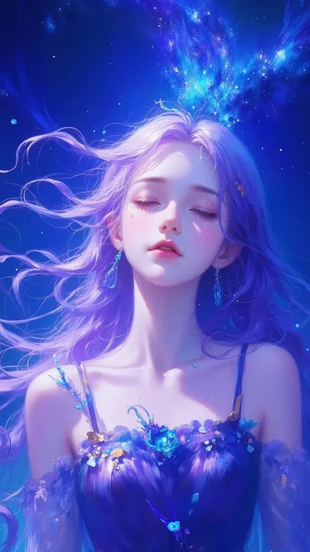 蓝色 梦幻 唯美 星空 美少女 动漫 4k 手机壁纸 1080P壁纸