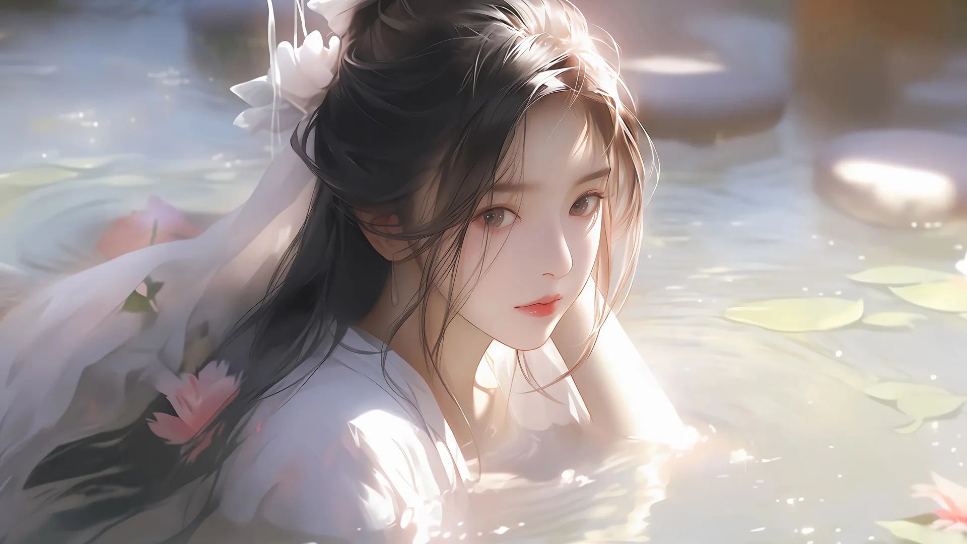 水中 古风 美女 头花 唯美 4K壁纸