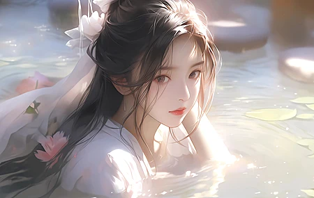 水中 古风 美女 头花 唯美 4K壁纸