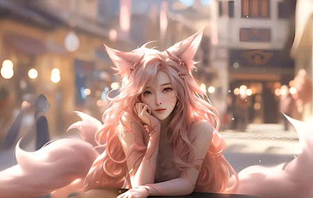 阿狸 美女 兽耳 长卷发 唯美 4K 动漫 壁纸 狐狸 狐尾 狐耳 4K壁纸