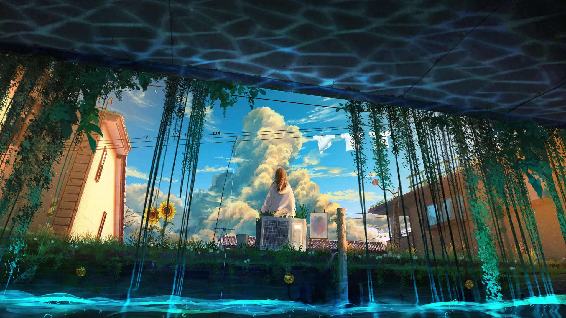 金发 女性 长发 钓竿 天空 水流 云海 草地 空调 向日葵 洗衣 电线 绘画 葡萄藤 积云 4K壁纸