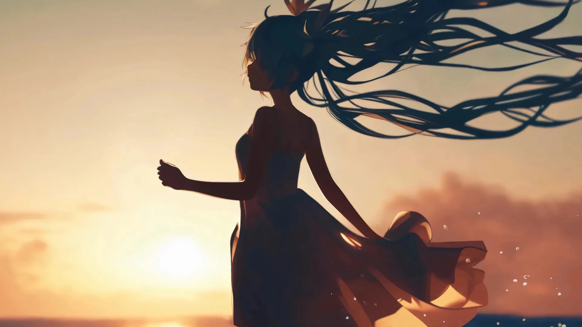 黄昏 大海 初音未来 带鱼屏 2K壁纸