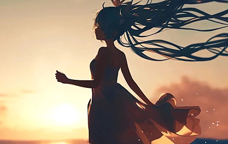 黄昏 大海 初音未来 带鱼屏 2K壁纸