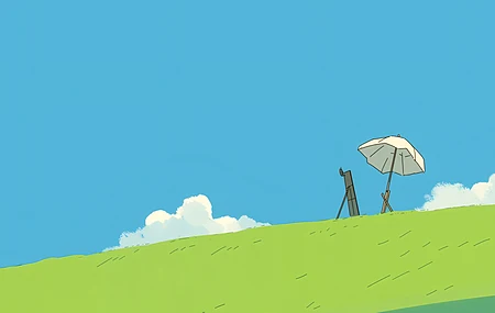 蓝色 草地 画板 简约风景 带鱼屏 2K壁纸