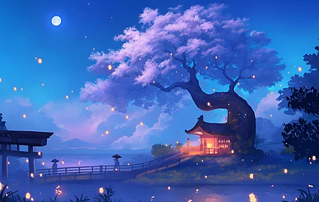 树屋 唯美 月光 风景 4K壁纸