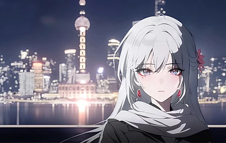 斯卡蒂 4k 电脑壁纸 女孩 少女 美女 东方明珠 河边 4K壁纸
