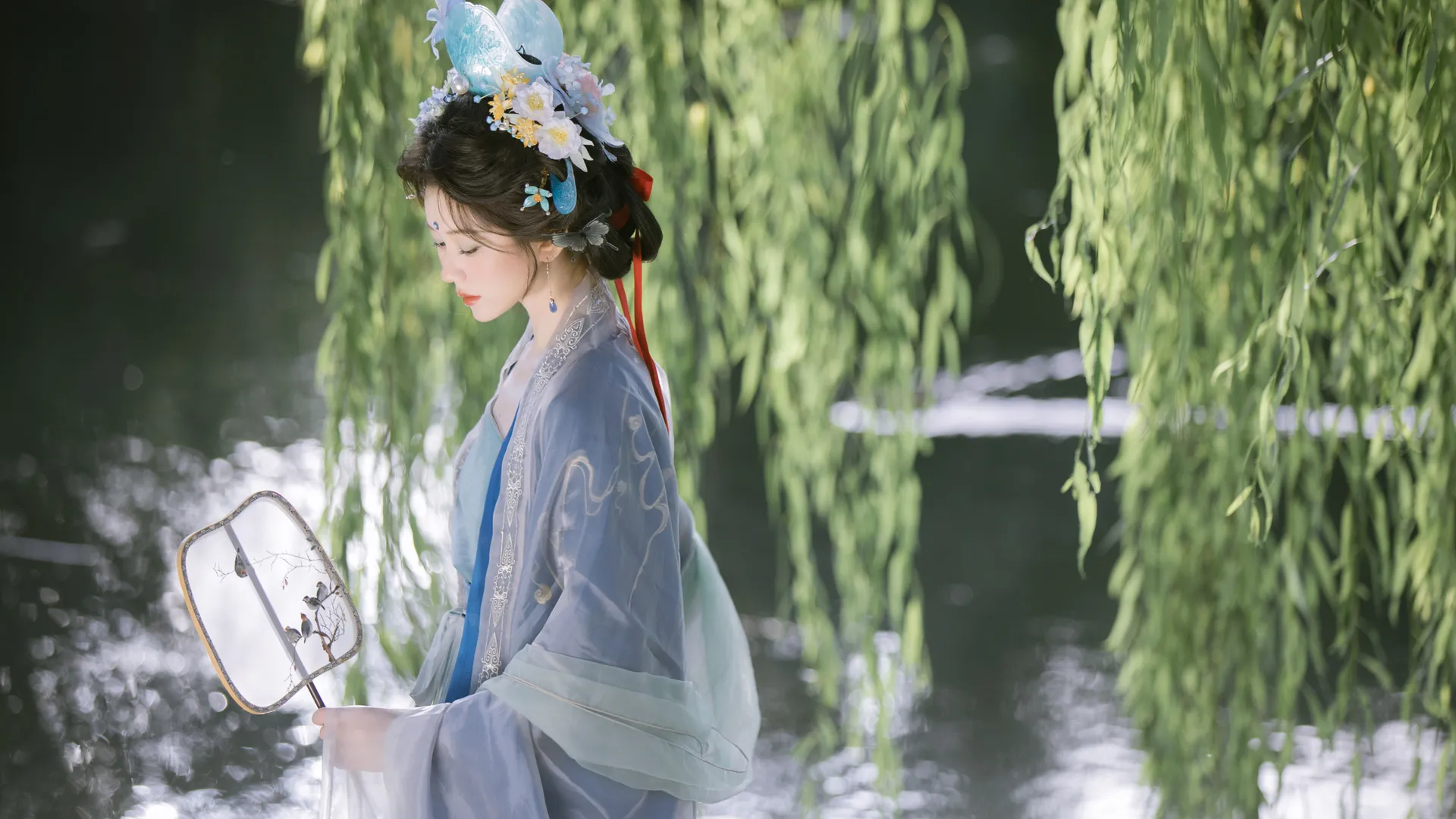杨柳树 汉服 美女 竹大宝 4K壁纸