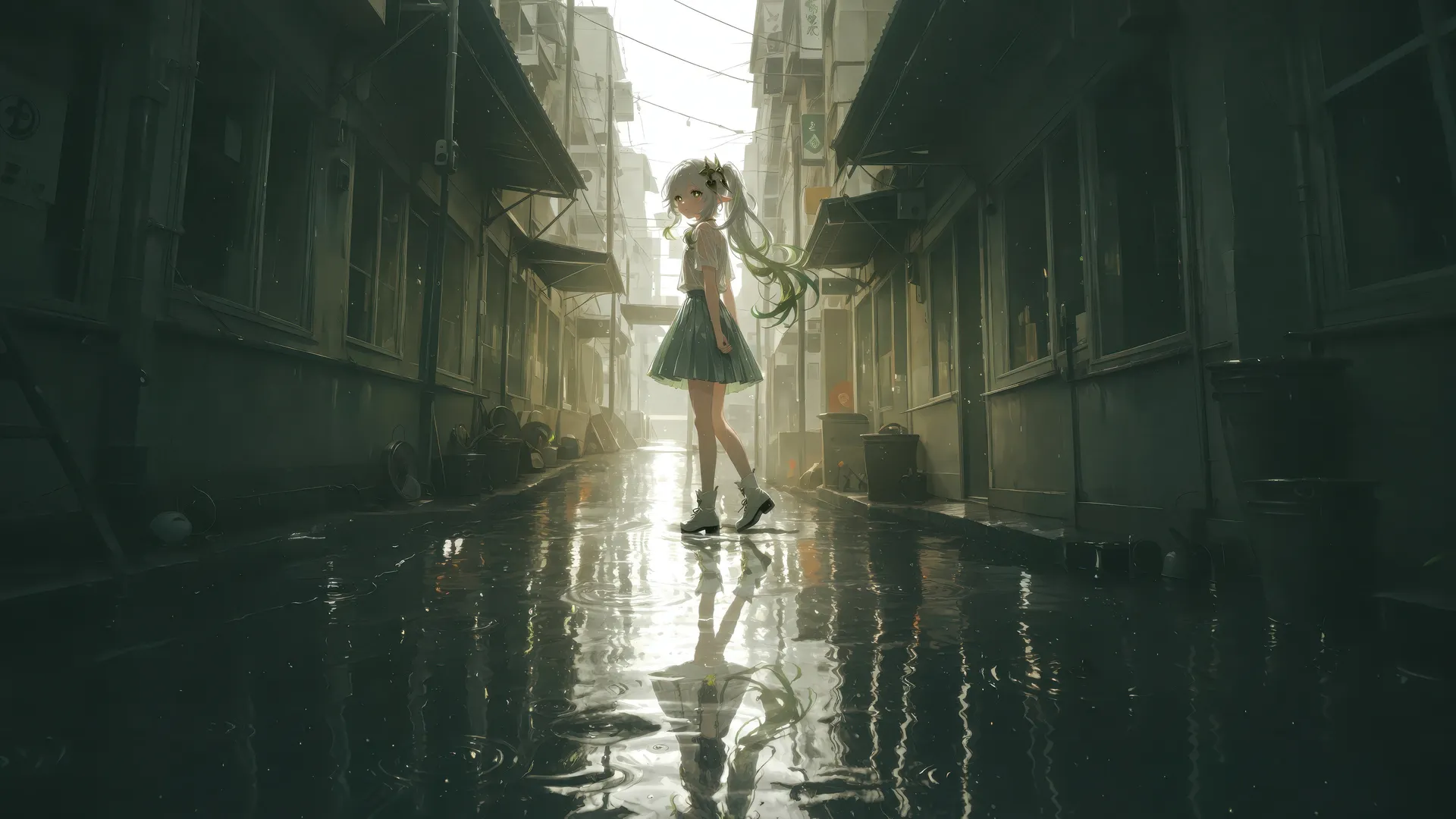 原神 纳西妲 雨后 街道 女孩 倒影 水面 积水 双马尾 小巷 4K壁纸