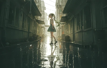 原神 纳西妲 雨后 街道 女孩 倒影 水面 积水 双马尾 小巷 4K壁纸