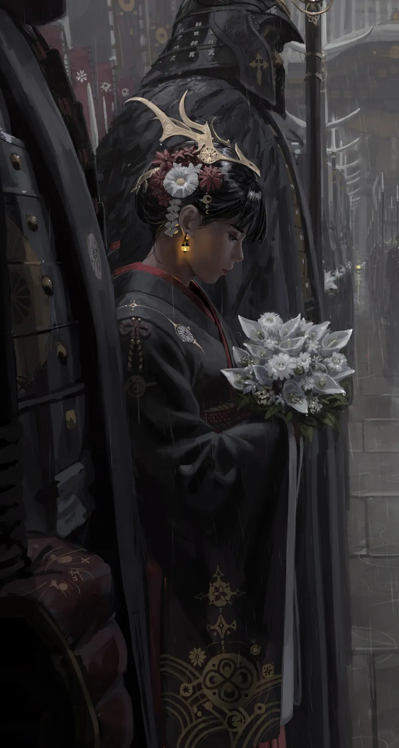 原创 人物 站立 短发 绘画 雨水 武士 鲜花 头饰 宽袖子 长袖 军队 盔甲 耳环 手机壁纸 4K壁纸