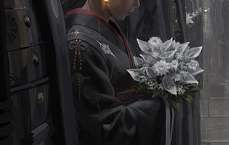 原创 人物 站立 短发 绘画 雨水 武士 鲜花 头饰 宽袖子 长袖 军队 盔甲 耳环 手机壁纸 4K壁纸