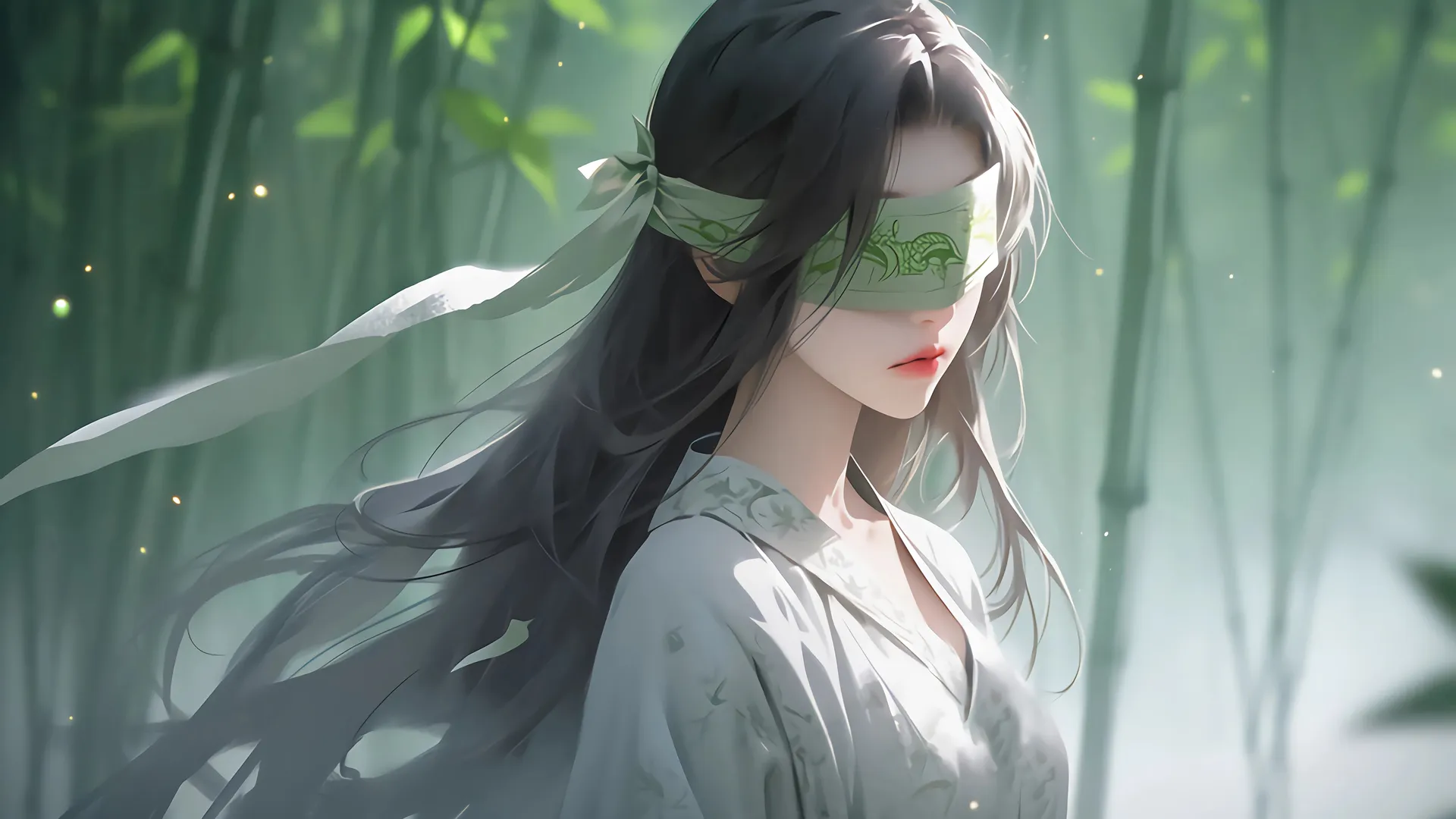 竹林 清新 蒙眼 女孩 古风 汉服 4K壁纸