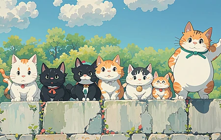 可爱 猫咪 4K 壁纸 排队 云海 围墙 4K壁纸