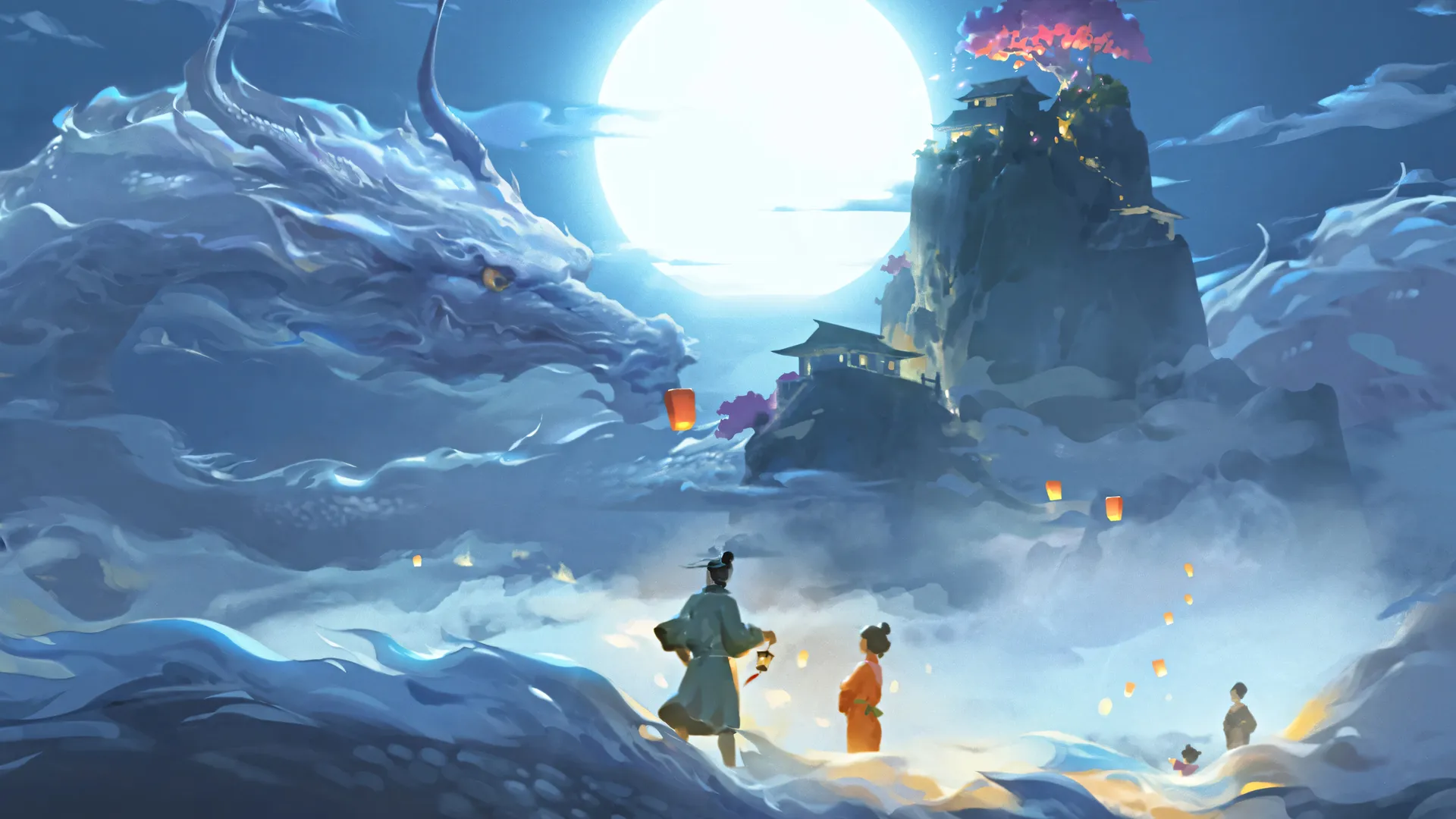 苍龙 抱月 神话 国风 2K壁纸