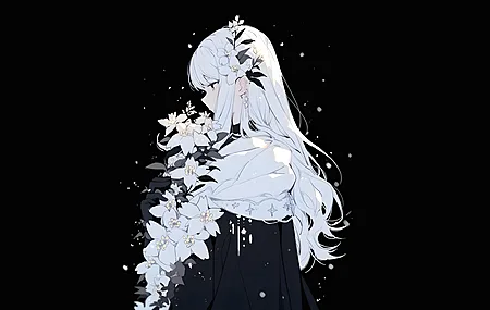 白色头发 长头发 黑眼睛 动漫 女孩 花瓣 黑色 背景 8K壁纸