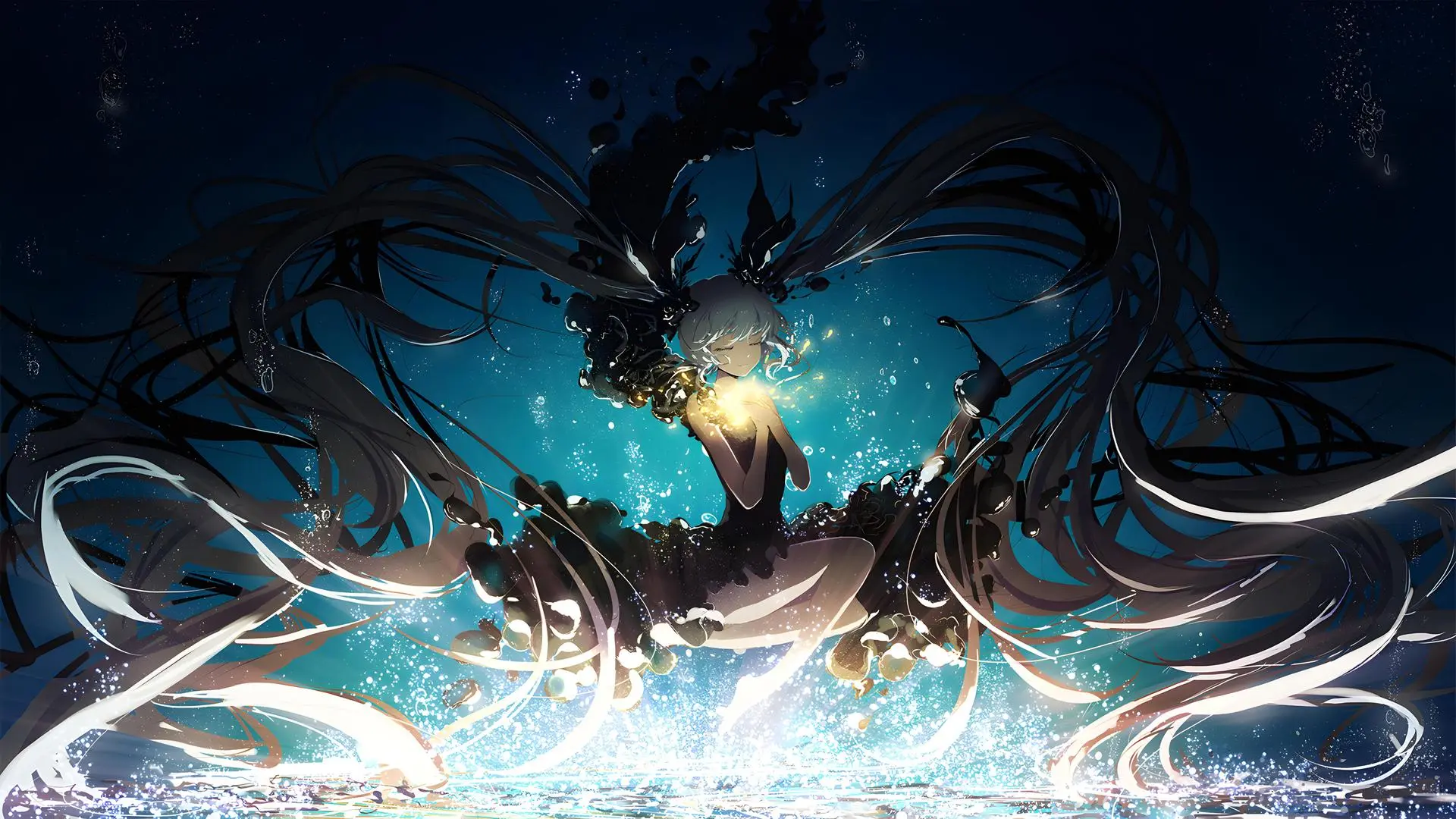 蓝色头发 长发 初音未来 动漫 女孩 水 深海 水下 4K壁纸