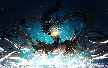 蓝色头发 长发 初音未来 动漫 女孩 水 深海 水下 4K壁纸
