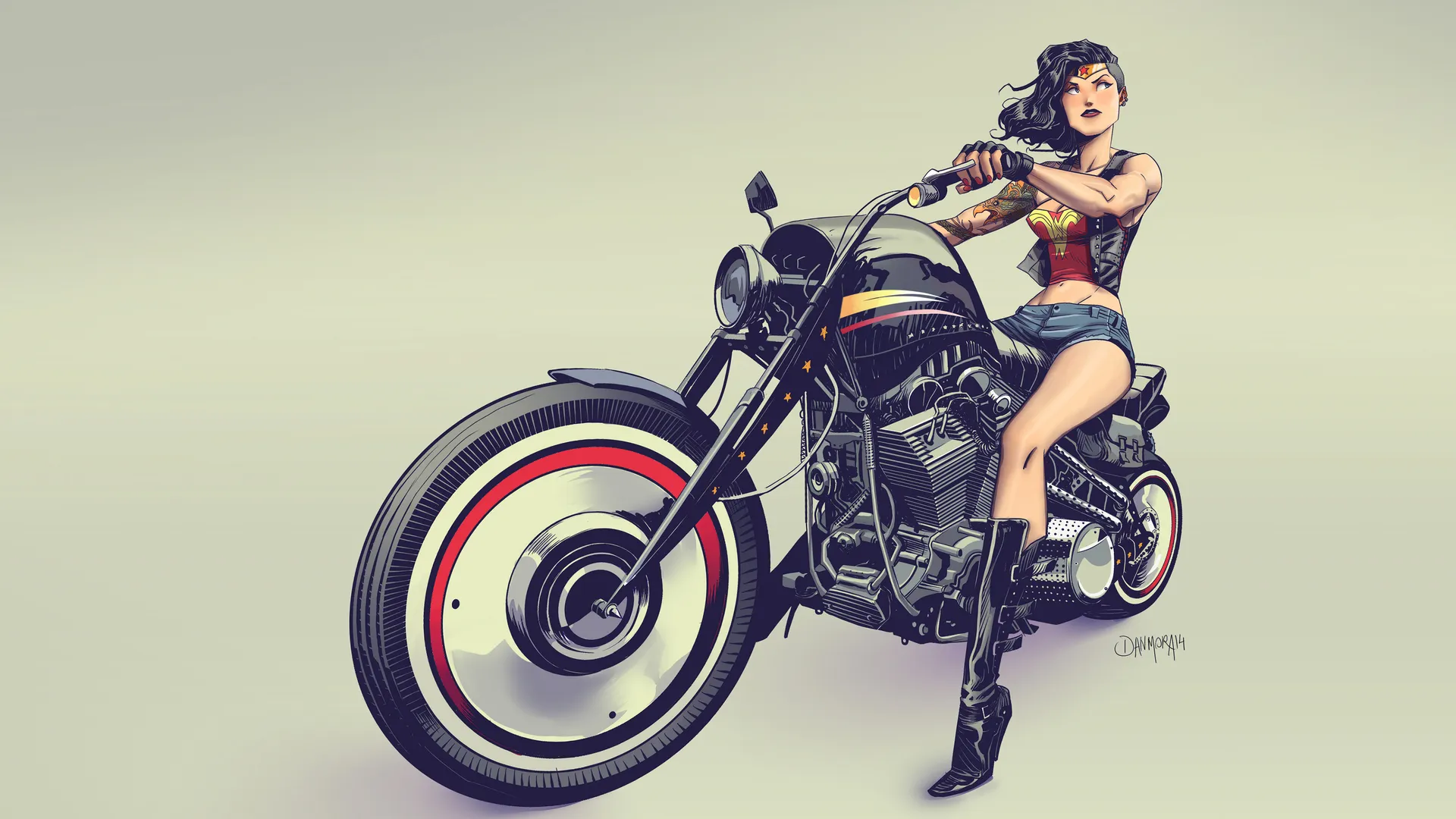 丹莫拉 自行车 女孩 DC 漫画 摩托车 纹身 手套 靴子 神奇女侠 4K壁纸