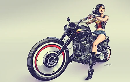 丹莫拉 自行车 女孩 DC 漫画 摩托车 纹身 手套 靴子 神奇女侠 4K壁纸