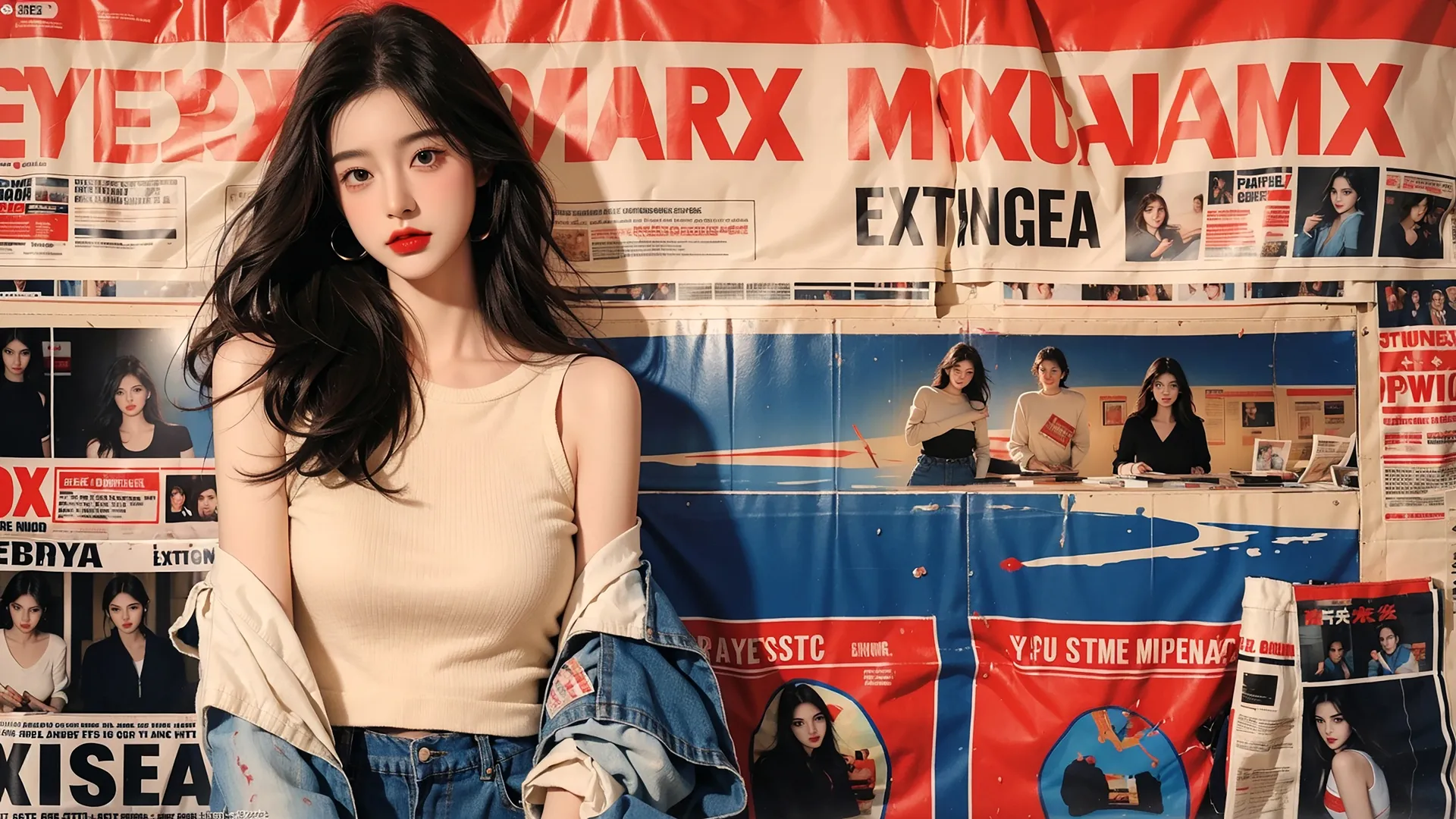 报纸墙 黑发 美女 牛仔衣 4k 动漫 壁纸 4K壁纸