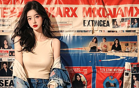 报纸墙 黑发 美女 牛仔衣 4k 动漫 壁纸 4K壁纸