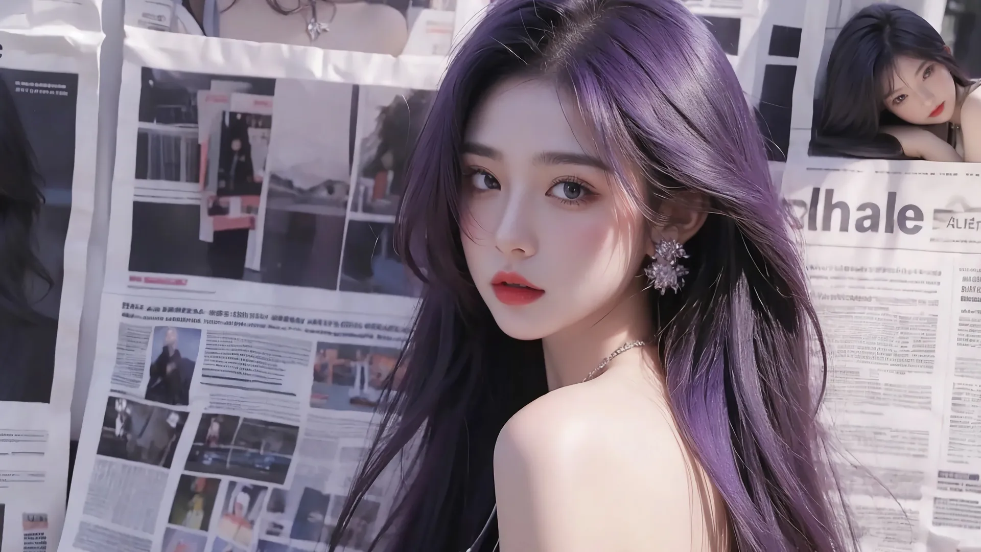 报纸墙 美女 回眸 一笑 回头 4K 4K壁纸