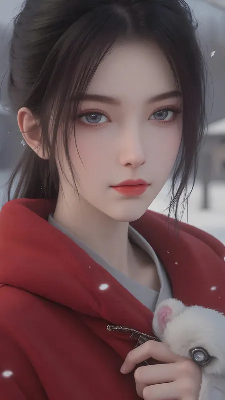 冬 红色衣服 女孩 4k 手机 壁纸 竖屏 动漫 手机壁纸 2K壁纸