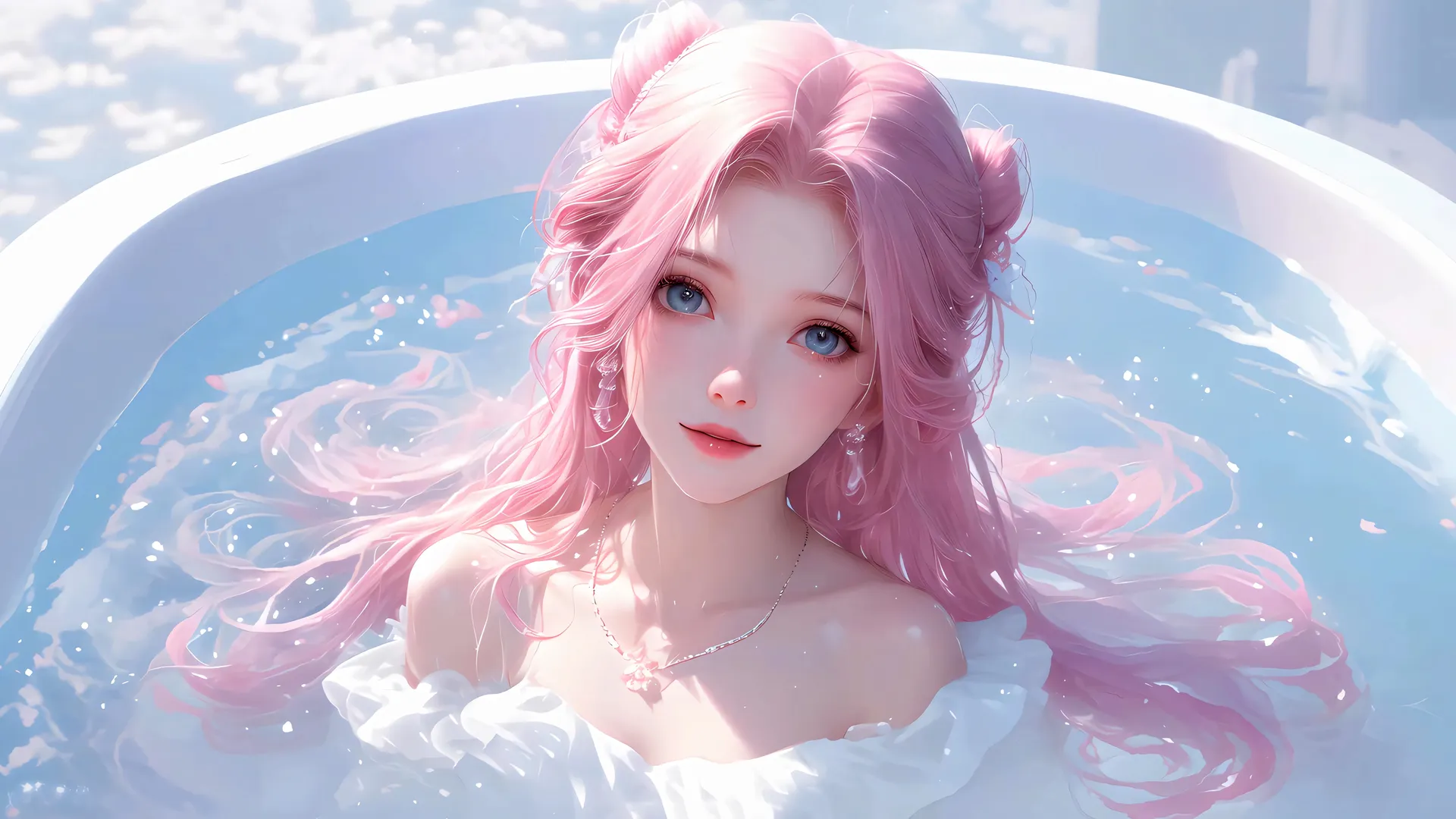 粉发 沐浴 少女 女孩 美女 4K贴纸