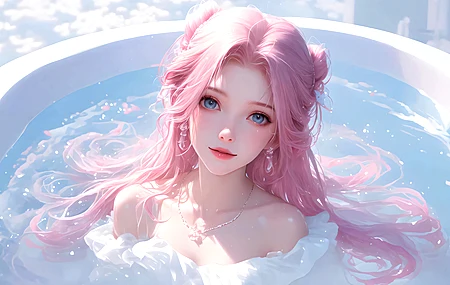 粉发 沐浴 少女 女孩 美女 4K贴纸
