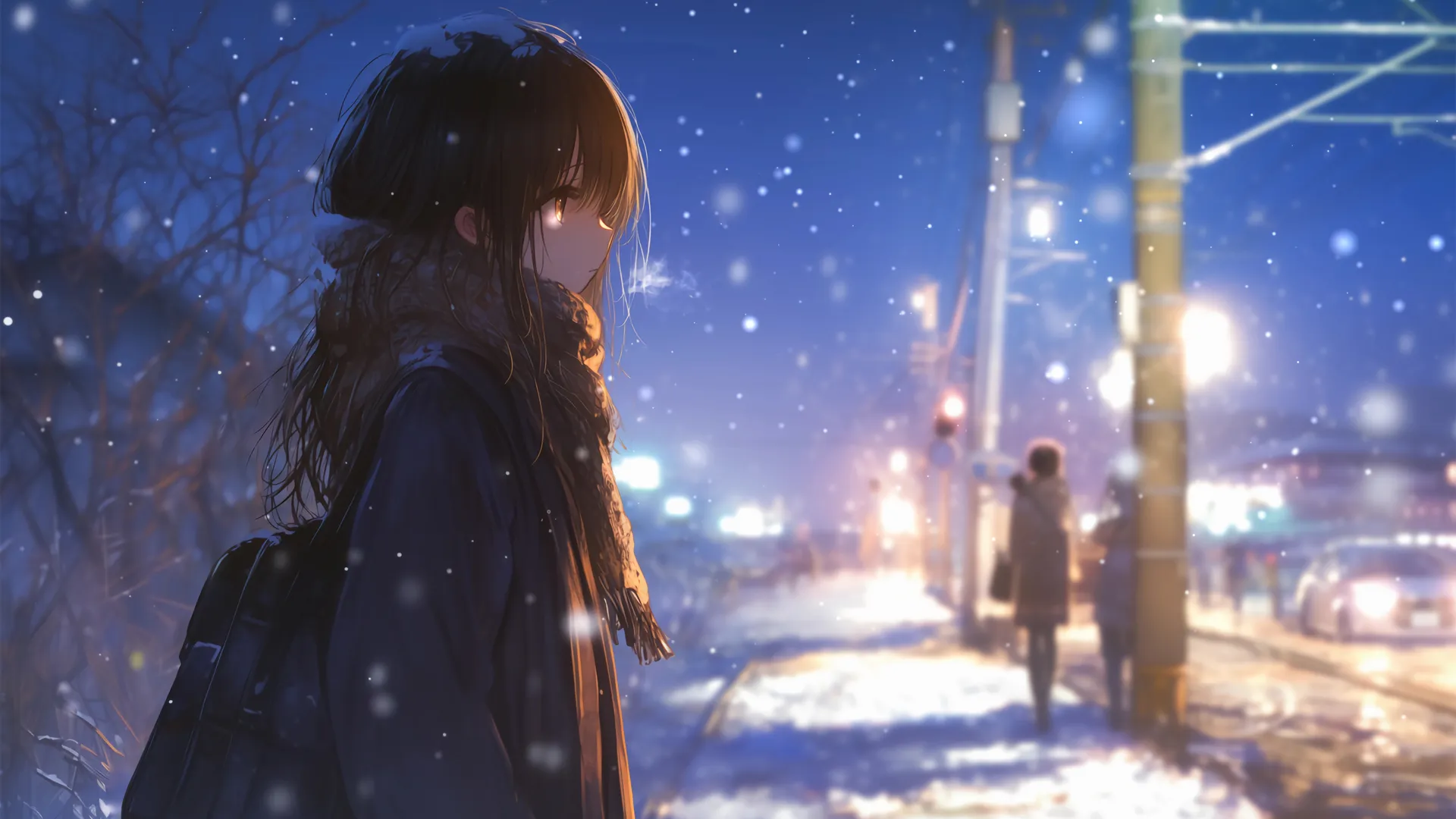 女孩 围巾 雪 夜 街 4K 动漫 壁纸 4K壁纸