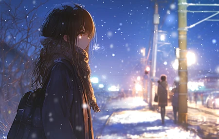 女孩 围巾 雪 夜 街 4K 动漫 壁纸 4K壁纸