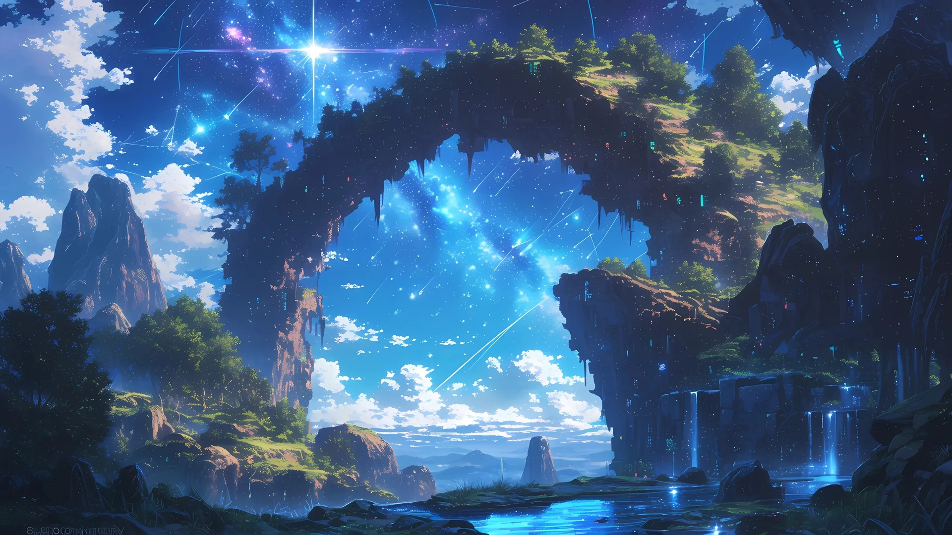 山桥 唯美 梦幻 星空 4K 风景 壁纸 流星 云海 4K壁纸