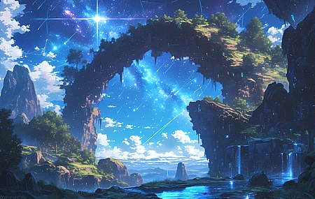 山桥 唯美 梦幻 星空 4K 风景 壁纸 流星 云海 4K壁纸