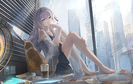 少女 休闲 玻璃 窗 女孩 坐着 咖啡 暖炉 4K壁纸