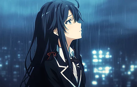 雪之下 雪乃 雨中 下雨 雨水 动漫 女孩 2K壁纸