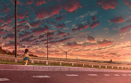 女学生 户外 女性 动漫 女孩 校服 电线杆 短袖 星空 路 日落 天空 云 星星 草 栏杆 太阳 蓝色裙子 4K壁纸