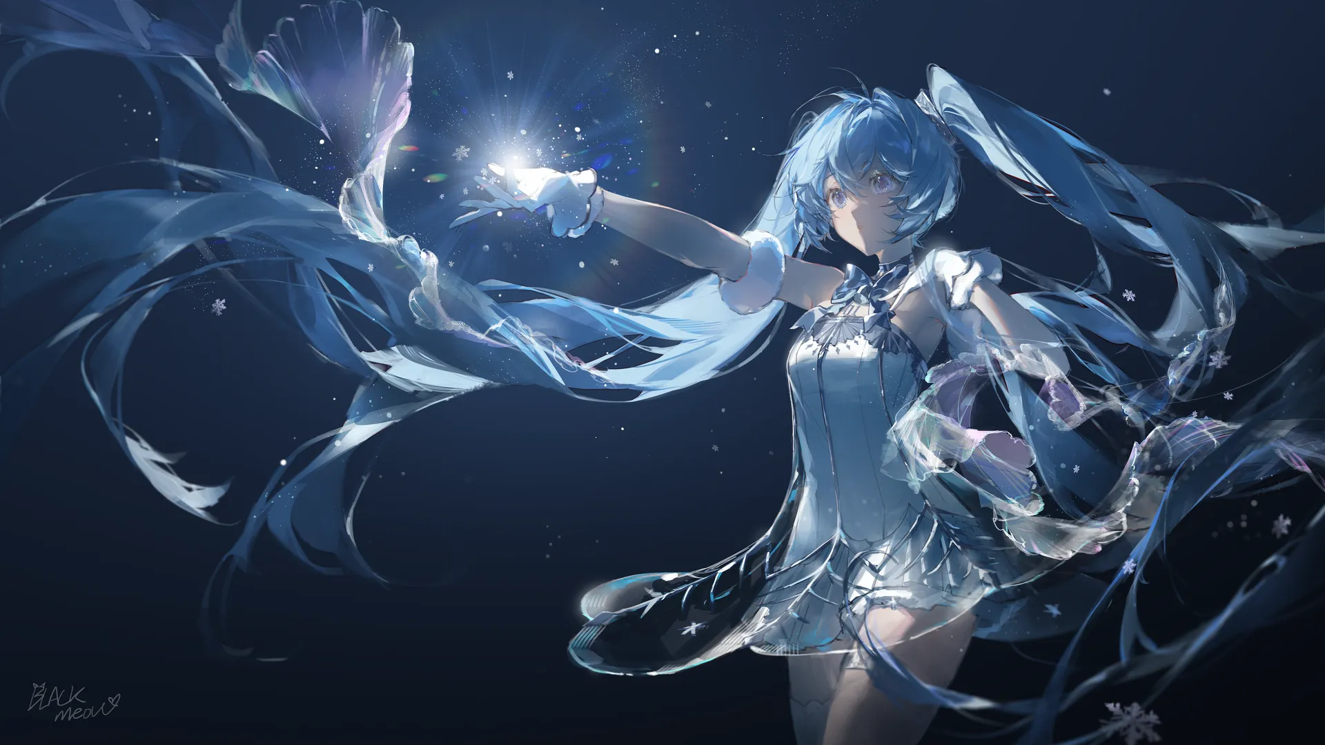 蓝眼睛 长发 蓝头发 站立 初音未来 动漫 女孩 透视 简单背景 连衣裙 宽屏 手套 发光 雪花 双胞胎 4K壁纸