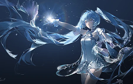 蓝眼睛 长发 蓝头发 站立 初音未来 动漫 女孩 透视 简单背景 连衣裙 宽屏 手套 发光 雪花 双胞胎 4K壁纸