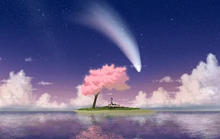 樱花 流星 星星 倒影 樱花树 天空 湖 8K壁纸