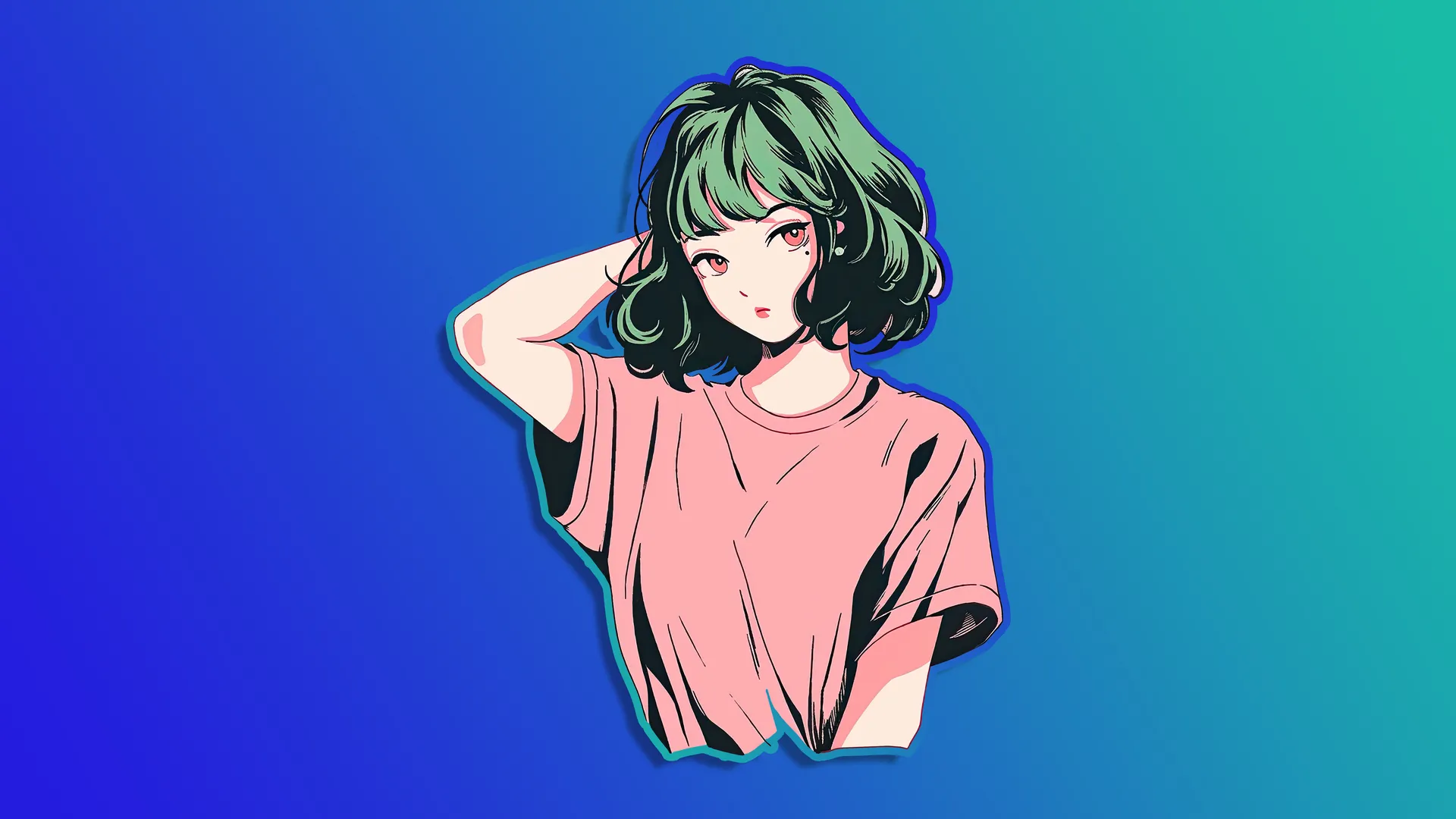 绿头发 动漫 女孩 渐变 蓝色背景 放大 4K壁纸