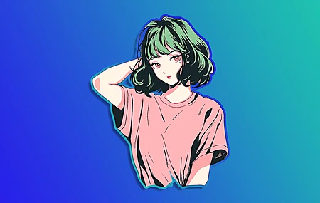 绿头发 动漫 女孩 渐变 蓝色背景 放大 4K壁纸