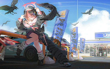 坐着 女学生 动漫 女孩 停车 乌鸦 汽车 杂志 云 天空 翅膀 书籍 袜子 裙子 夹克 蓝色档案 小春 校服 阳光 商店 4K壁纸