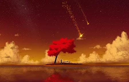猪崎 樱花 流星 星星 倒影 女孩 学生 湖水 椅子 8K壁纸