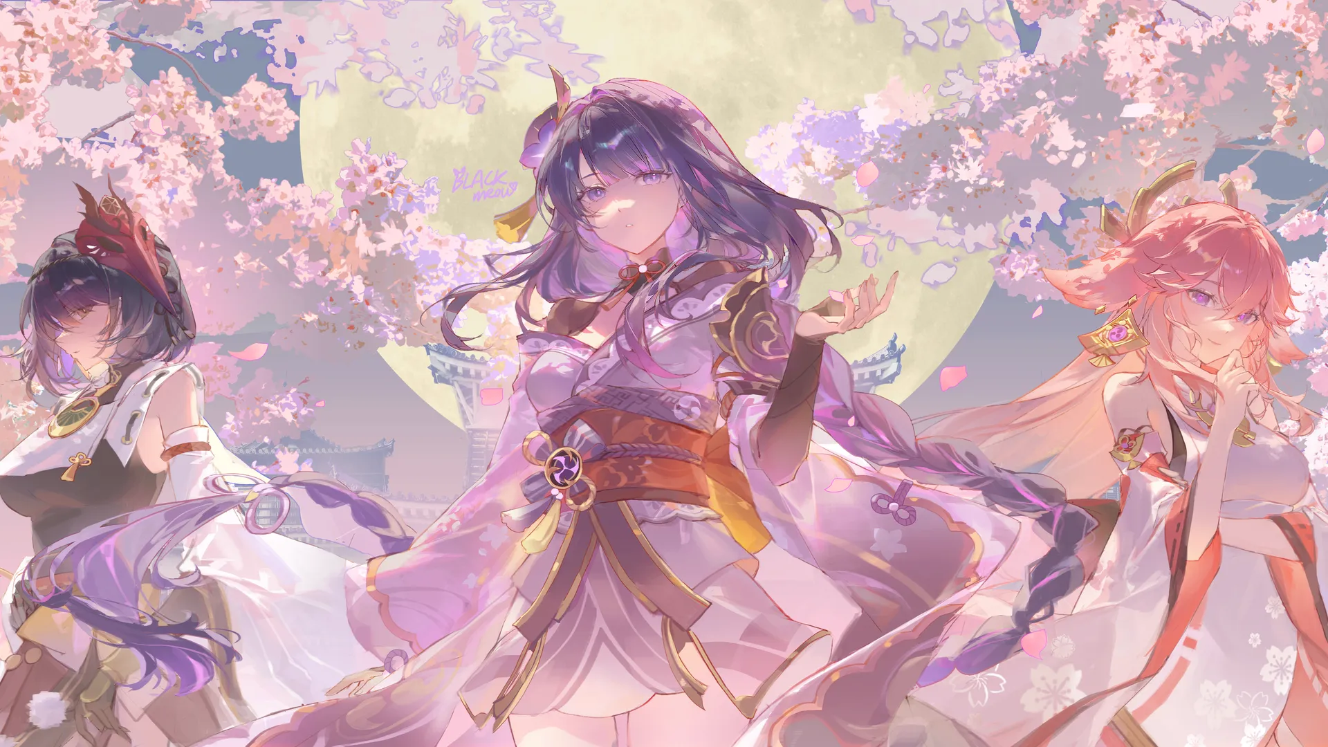 女性 长发 户外 满月 动漫 女孩 樱花 九条萨拉 头饰 花朵 花瓣 紫色 眼睛 春天 夜晚 4K壁纸