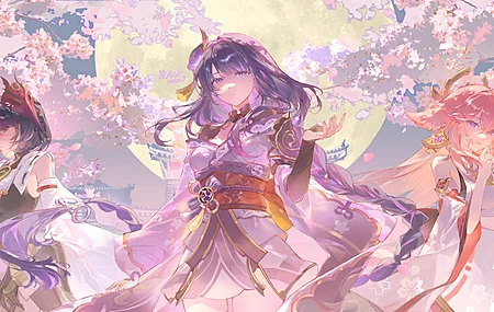 女性 长发 户外 满月 动漫 女孩 樱花 九条萨拉 头饰 花朵 花瓣 紫色 眼睛 春天 夜晚 4K壁纸