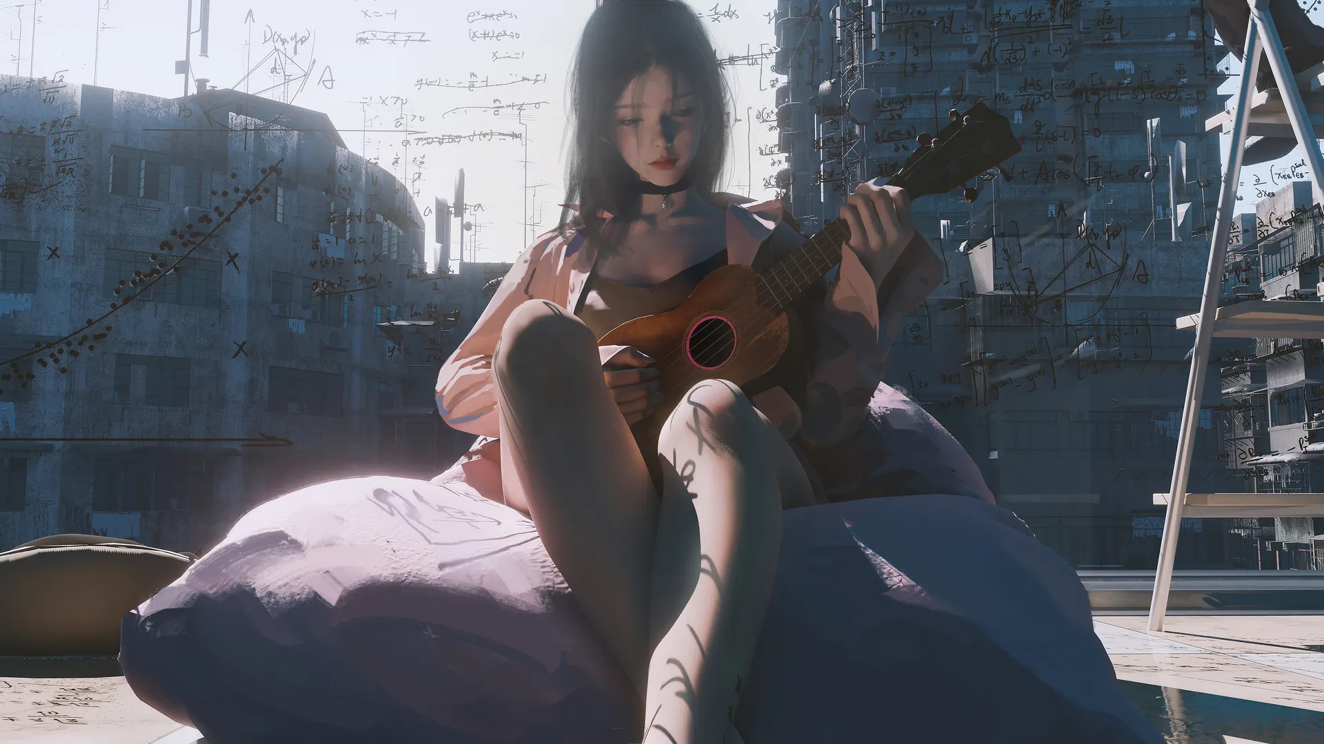 女性 吉他 插图 乐器 宽屏 项链 公式 4K壁纸