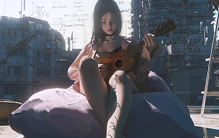 女性 吉他 插图 乐器 宽屏 项链 公式 4K壁纸